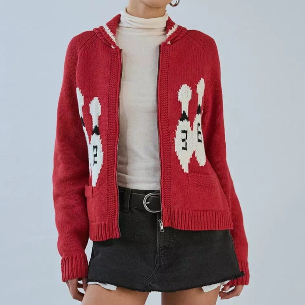 BDG Red Cardigan Sweater with White Heart Graphics